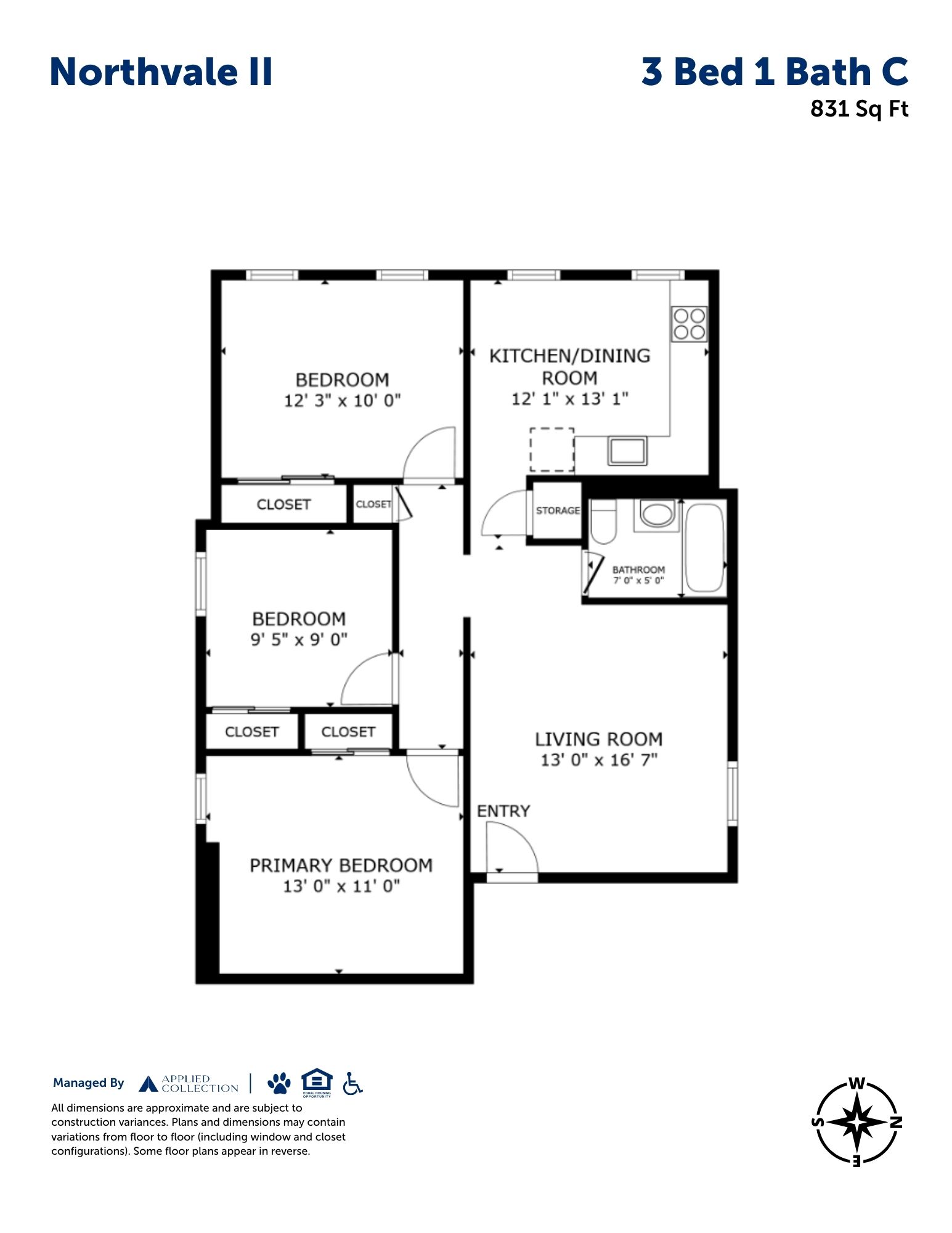 Floor plan for 3 beds, 1 bath, 831 sqft